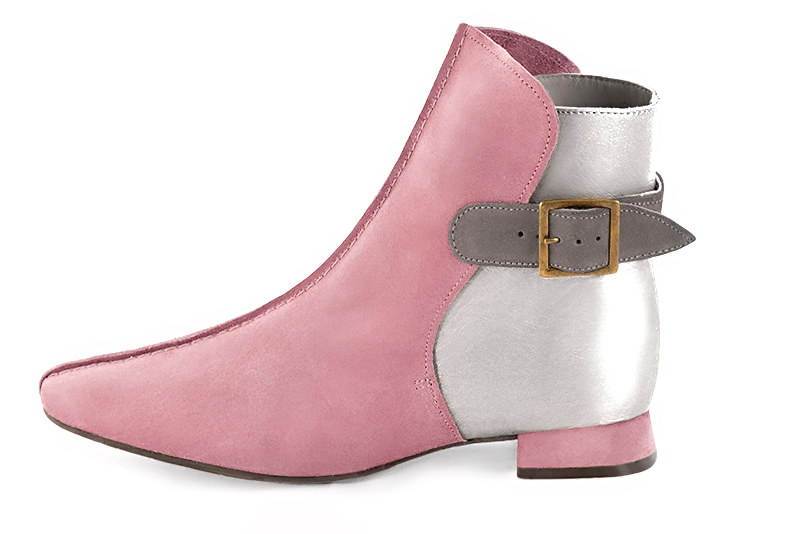 Carnation pink, light silver and pebble grey women's ankle boots with buckles at the back. Square toe. Flat flare heels. Profile view - Florence KOOIJMAN